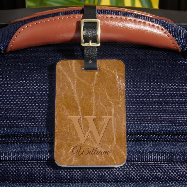 Mittlere Oak Brown Kuh Leder Textur Mit Monogramm Gepäckanhänger (Vorderseite Insitu 2)