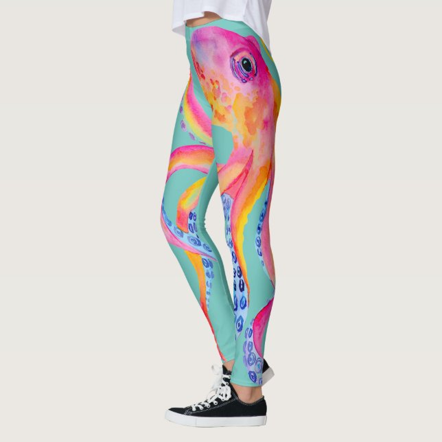 Mittlerer Aquamariner Oktopus Aquarellfarben Leggi Leggings (Links)