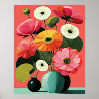 Mittsiebziger florales Stillleben Korallenwandkuns Poster