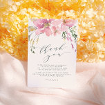 Mittsommer Floral Bouquet Elegant Vielen Dank Dankeskarte<br><div class="desc">Ein feminines Babyduschdesign mit "Danke" in einem eleganten, kursiven Drehbuch, gerahmt von einem Bouquet mit rosa Aquarellfarben-Blume. Diese Danksagungen sind ein perfekter Weg, um Ihren Gästen zu danken, ohne das es lange dauert, eine neue Nachricht für jeden zu schreiben! Die Vorlage lautet: "WIR SCHICKEN IHNEN DIESE BOTSCHAFT MIT EINEM KLEINEN...</div>