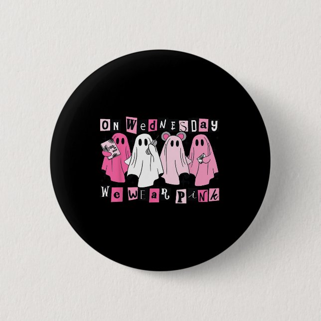 Mittwoch Wir tragen Niedliches Pink Ghost Hallowee Button (Vorderseite)