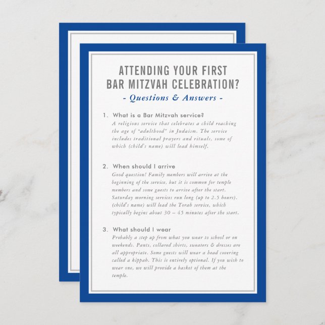 MITZVAH Service info Fragen zu Ratschlägen in blau Einladung (Vorne/Hinten)