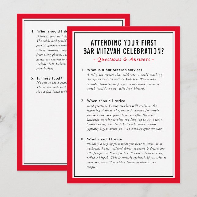 MITZVAH Service Info Fragen zu Rot Einladung (Vorne/Hinten)