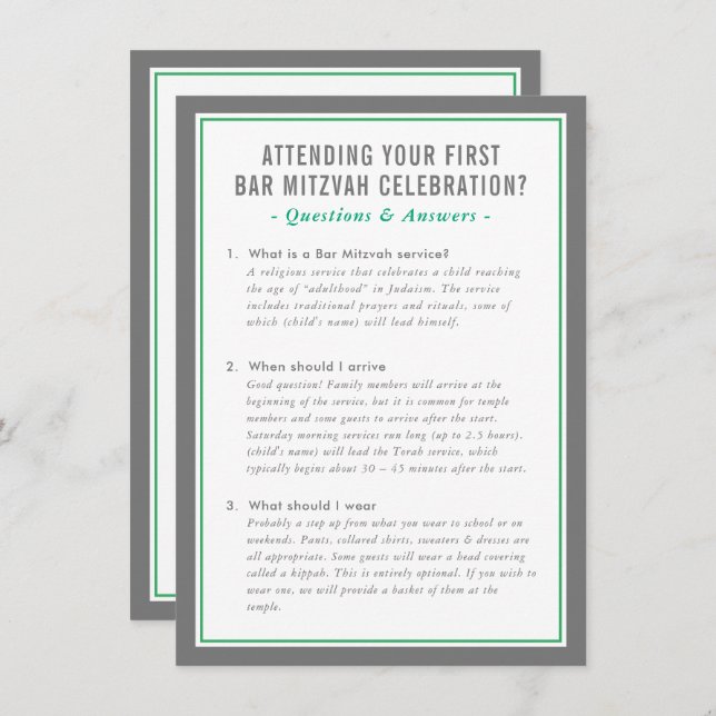 MITZVAH service information questions advice green Einladung (Vorne/Hinten)