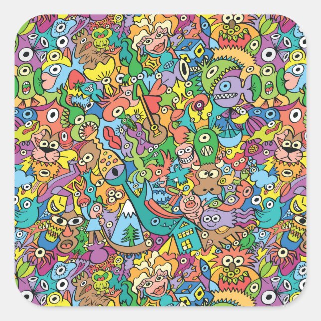 Mix aus lustigen Doodles in einem spielerischen Ka Quadratischer Aufkleber (Vorderseite)