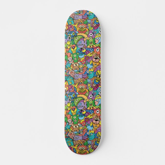 Mix aus lustigen Doodles in einem spielerischen Ka Skateboard (Vorne)