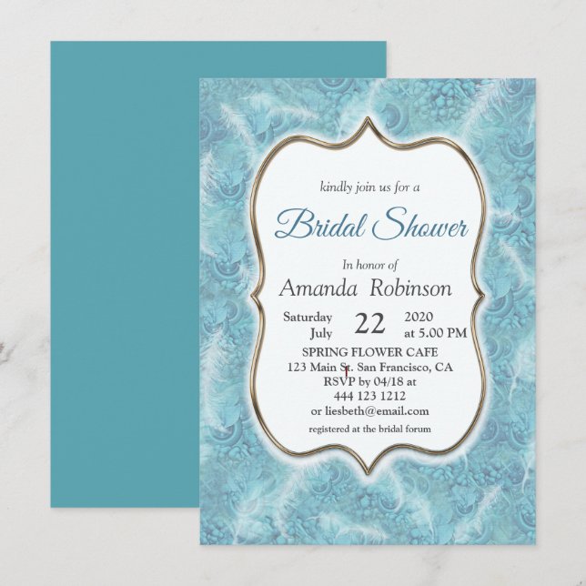 Mix Blue Pattern, Feathers & Gold Rahmen Einladung (Vorne/Hinten)