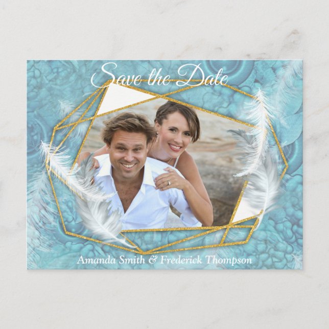 Mix Blue Pattern, Feathers & White Lace Ankündigungspostkarte (Vorderseite)