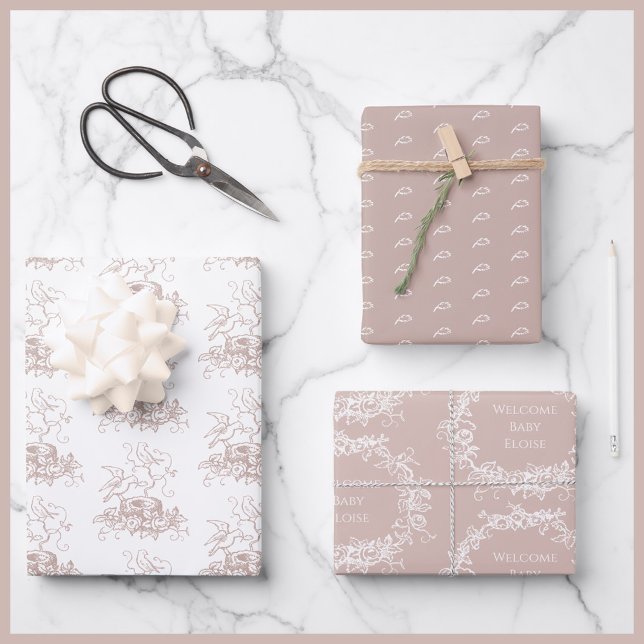 Mix Match Birds Nest Individuelle Name Pink Baby D Geschenkpapier Set (Von Creator hochgeladen)