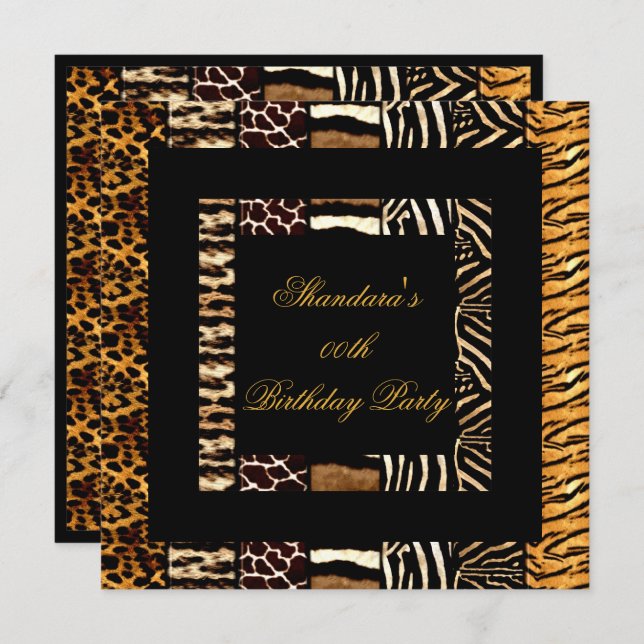 Mixed Animal Prints Gold Black Birthday Party Einladung (Vorne/Hinten)