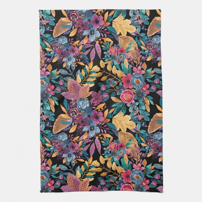 Mixed Fall Floral Blätter Berry Watercolor Muster Geschirrtuch (Vertikal)