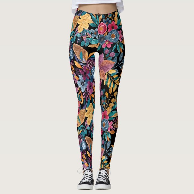Mixed Fall Floral Blätter Berry Watercolor Muster Leggings (Vorderseite)