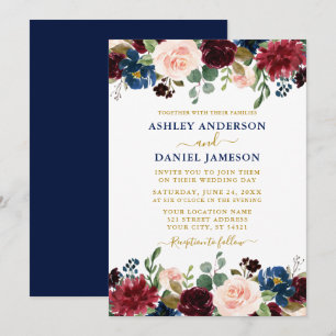 Mixed Floral Burgundy Blue Gold Wedding Einladung