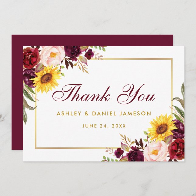 Mixed Floral Burgundy Gold Wedding Dankeskarte (Vorne/Hinten)