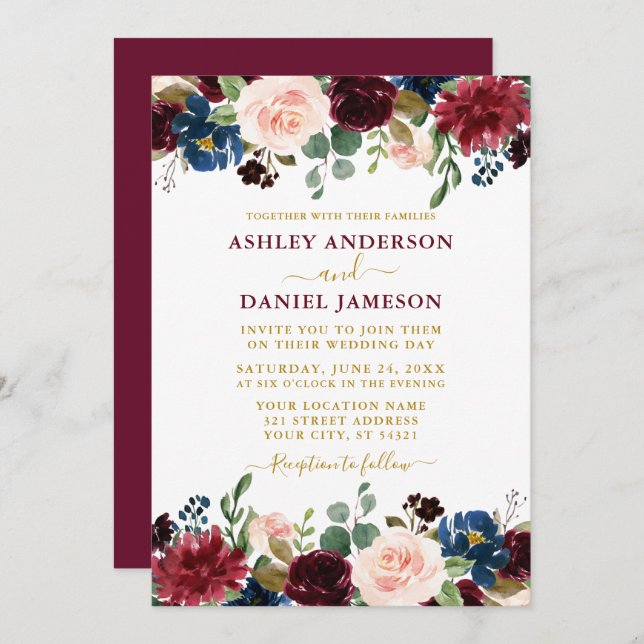 Mixed Floral Burgundy Gold Wedding Einladung (Vorne/Hinten)