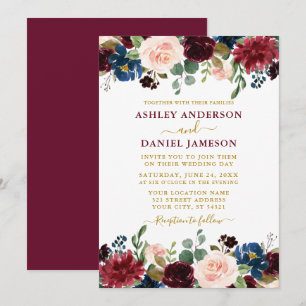 Mixed Floral Burgundy Gold Wedding Einladung