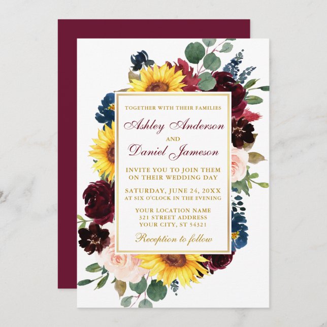 Mixed Floral Wedding Burgundy Gold Einladung (Vorne/Hinten)