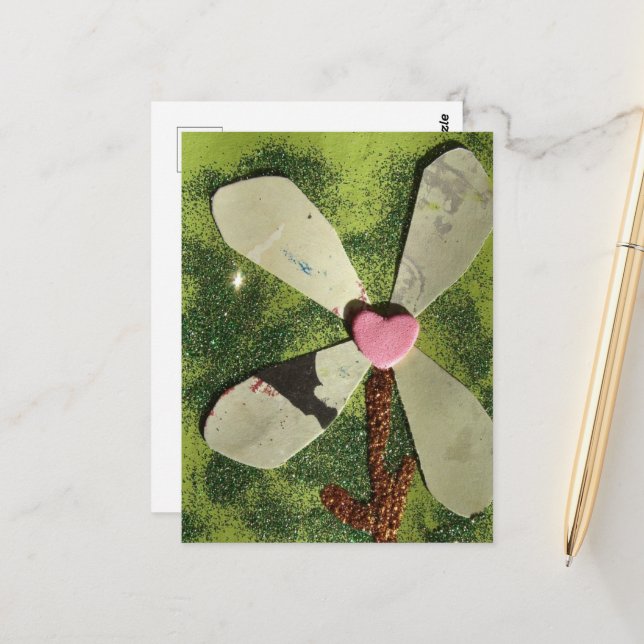 Mixed Media Blume rosa Herzzentrum Postkarte (Vorderseite/Rückseite Beispiel)