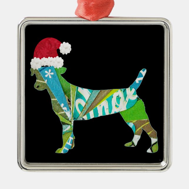 Mixed media collage art DOG PUPPY in Santa Hat Ornament Aus Metall (Vorne)
