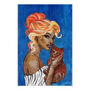Mixed Media Collage Katzenmutter Kunstposter - Art Poster