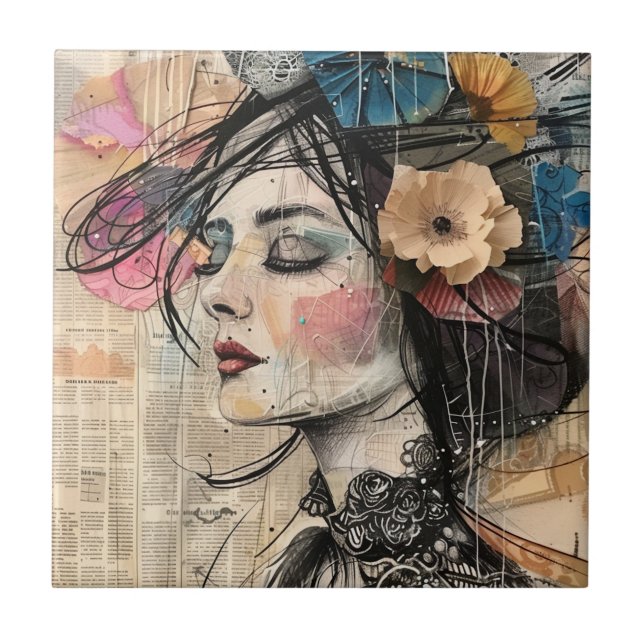 Mixed-Media-Collage-Porträtkunst (2) Fliese (Vorderseite)