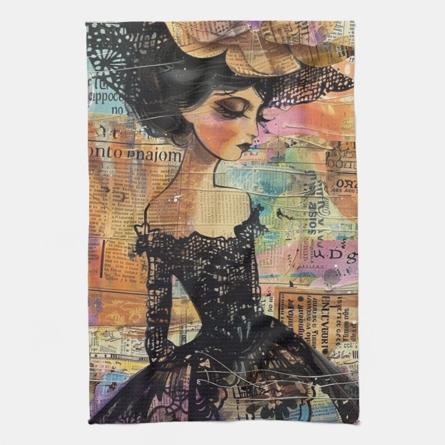 Mixed-Media-Collage-Porträtkunst (4) Geschirrtuch (Vertikal)