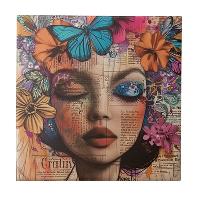 Mixed-Media-Collage-Porträtkunst (7) Fliese (Vorderseite)