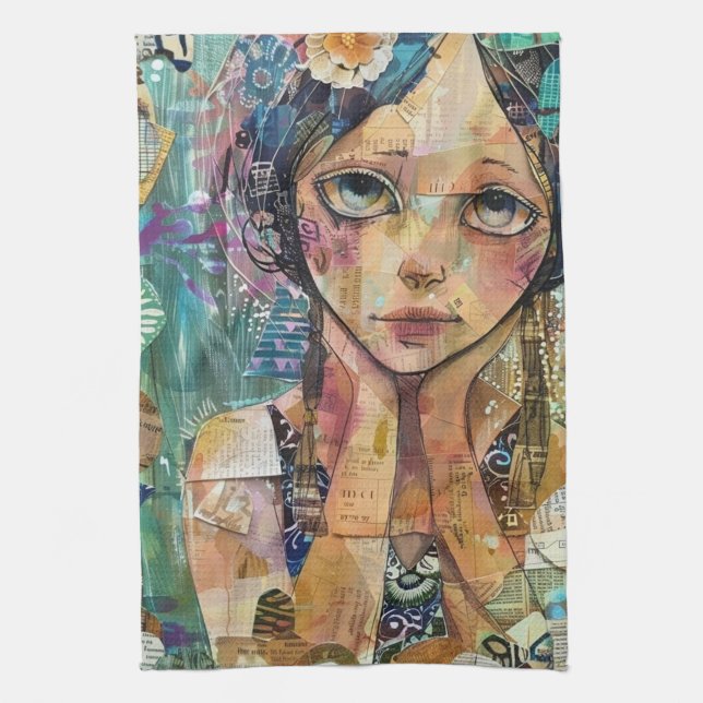 Mixed-Media-Collage-Porträtkunst (8) Geschirrtuch (Vertikal)