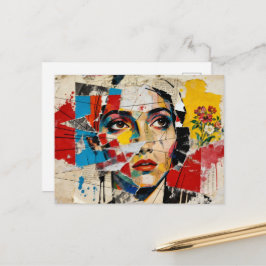 Mixed-Media-Gesicht-und-Blumen-Collage Postkarte