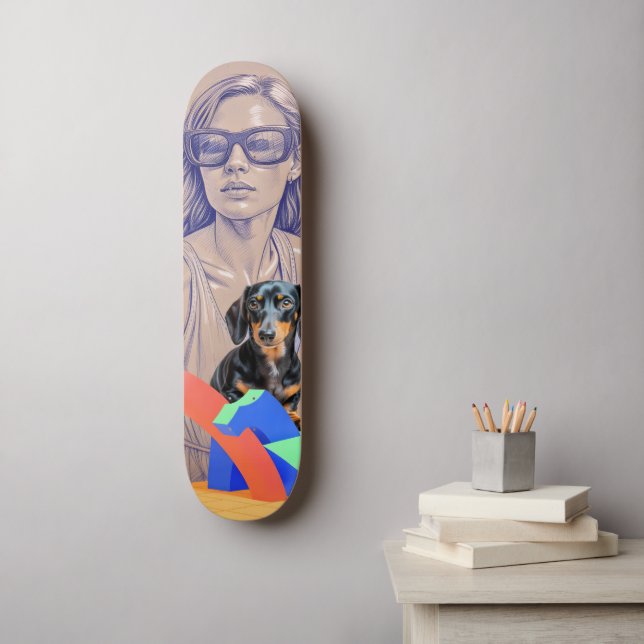 Mixed-Media-Illustration einer Frau und eines Dach Skateboard (Wandkunst)