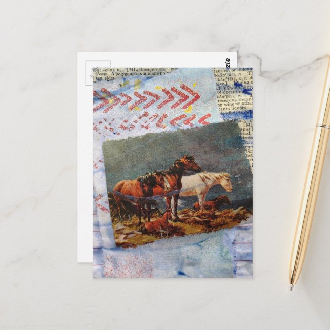 Mixed Media Retro Pferde Collage Postkarte (Vorderseite/Rückseite Beispiel)