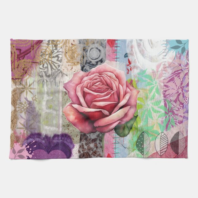 Mixed-Media-Rosen-Blumen-Collage Küchentuch (Horizontal)