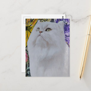Mixed-Media-Weißkatze in Blumen-Collage Postkarte