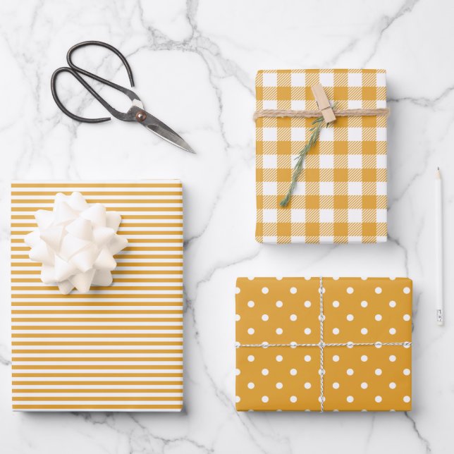 Mixed Patterns Marigold Stripes Gingham Polka Dot Geschenkpapier Set (Vorderseite)