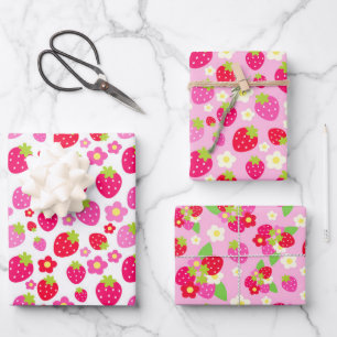 Mixed Rosa & Rote Sommer Erdbeeren & Blume Geschenkpapier Set