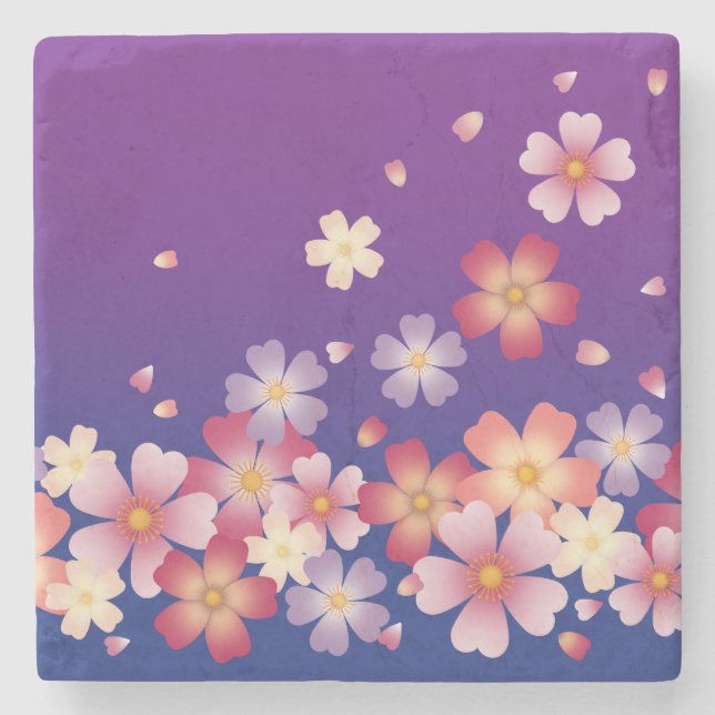 Mixed Sakura Blossoms Kimono Style Blue & Lila Steinuntersetzer (Vorderseite)