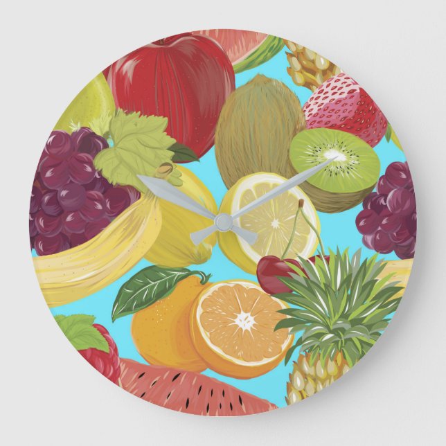 Mixed Tropical Fruit Illustration Pattern Große Wanduhr (Vorderseite)