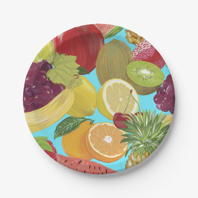 Mixed Tropical Fruit Illustration Pattern Pappteller (Vorderseite)