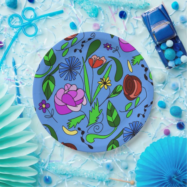 Mixed Vibrant Floral Drawing Paper Plate Pappteller (Party)