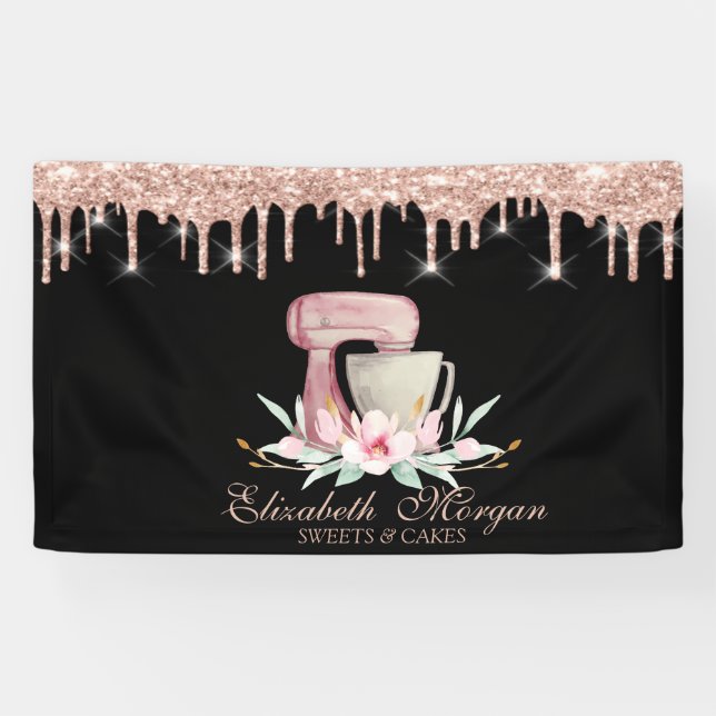 Mixer Blume Rose Gold Tropfen Bäckerei Schwarz Banner (Horizontal)
