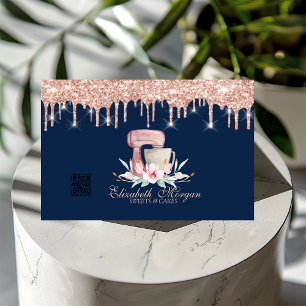 Mixer Floral Rose Gold Tropfen QR Code Navy Blau Visitenkarte