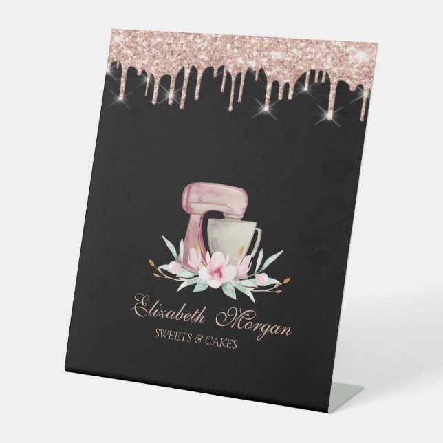 Mixer Flowers Rose Gold Drips Bakery Black Sockelschild (Vorderseite)