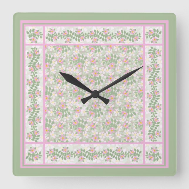 Mix'n'Match Pink Dogrose Muster Wall Clock Quadratische Wanduhr (Vorderseite)