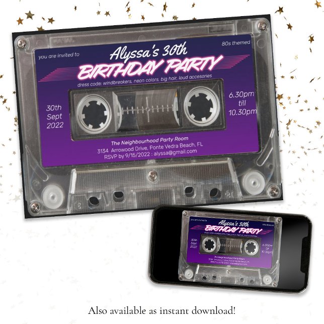 Mixtape Kassette Retro 80er Neon Lila Party Einladung (Mixtape Cassette Retro 80s Neon Purple Party Invitation)