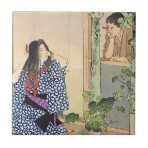 Mizuno Toshikata, Bijin kämmt Haare Vintage Japan Fliese