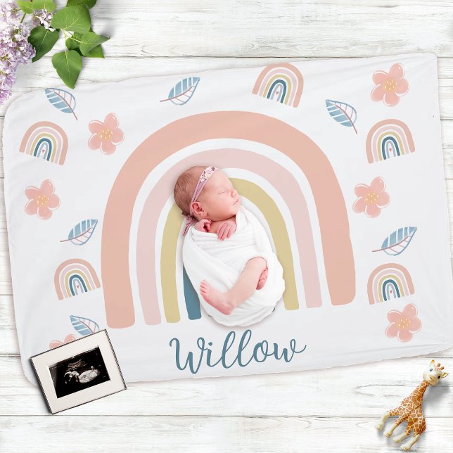 Mled Boho Rainbow Minimalistisch Floral Baby Blank Fleecedecke (Von Creator hochgeladen)