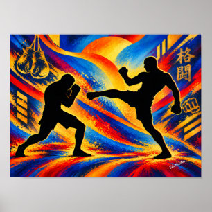 MMA-Kämpfer treten und verteidigen Silhouette Poster