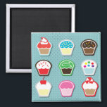 Mmm, Cupcakes! Magnet<br><div class="desc">Eine Vielfalt an Kuchen in verschiedenen Stilen und Aufstrichen. Köstliche Desserts.</div>