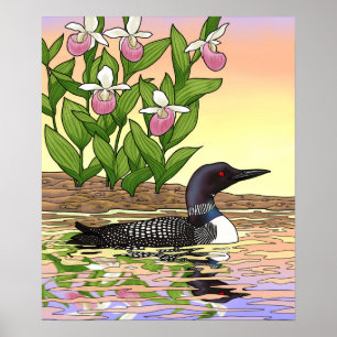 MN Staat Bird Blume Loon Lady Slipper Poster