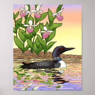MN Staat Bird Blume Loon Lady Slipper Poster